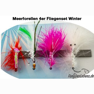 Meerforellen Fliegen 4er-Set, SET 02 - Pink|Rot|Wei&szlig;